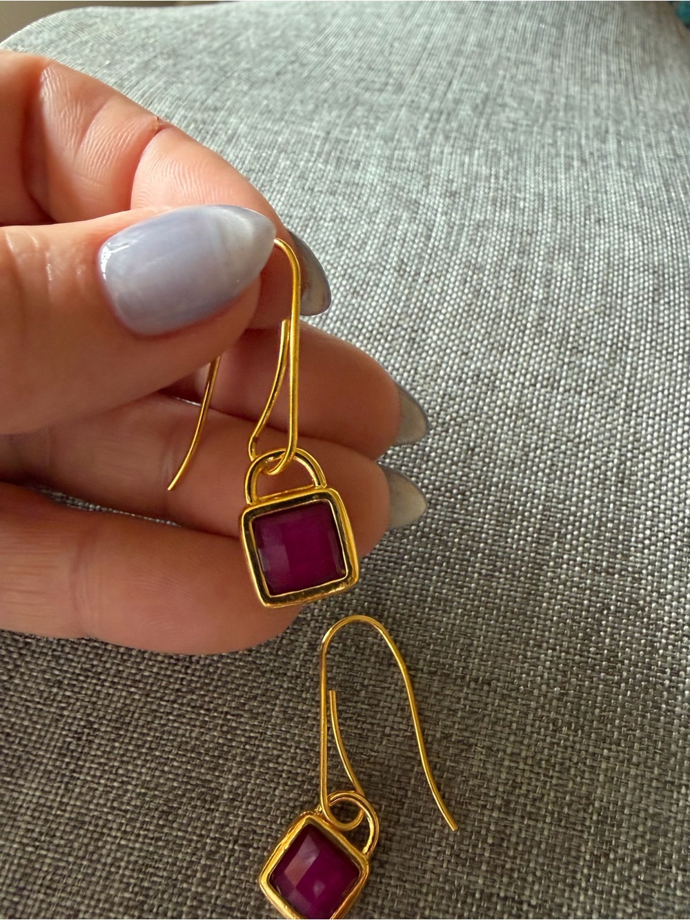 Gold Drop Earrings with Fuchsia Square Stone